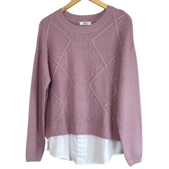 Suzy Shier Crew Neck Fooler Sweater Layered Look Pink White Cable Popcorn Knit L - Picture 11 of 11